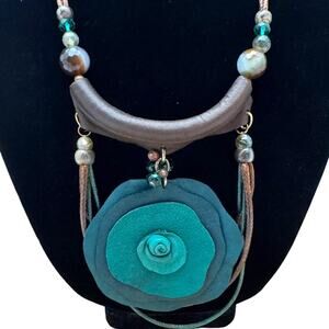 Sweet Lola Leather Suede Rose Beaded Cord Pull Necklace Teal Brown